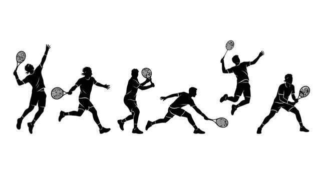 Tennis player silhouettes collection, professional athletes in action poses, black vector set of 6 tennis players with rackets for sports design