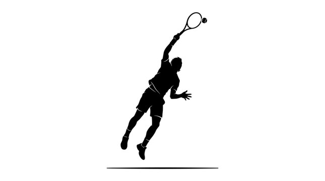 Tennis player silhouette serving ball, professional athlete jumping in mid-air action, black and white sports vector illustration for tournament posters