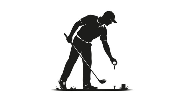 Minimalist golf player silhouette, professional golfer placing ball on tee, black and white sports vector illustration for tournament branding