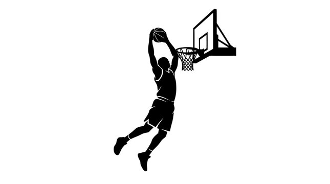 Basketball player dunking silhouette vector, athletic man jumping to hoop with ball, black and white sports action graphic for team logos