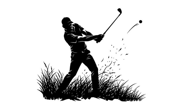 Dynamic golf player silhouette vector, professional golfer hitting ball from tall grass, black and white sports action illustration