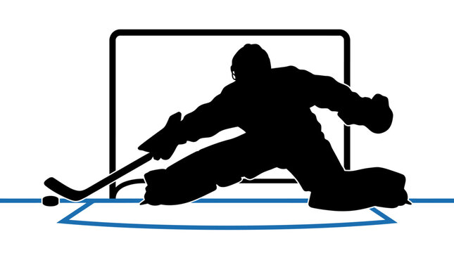 Ice hockey goalie silhouette in front of goal net, professional goaltender making a save on ice, athletic hockey player vector illustration