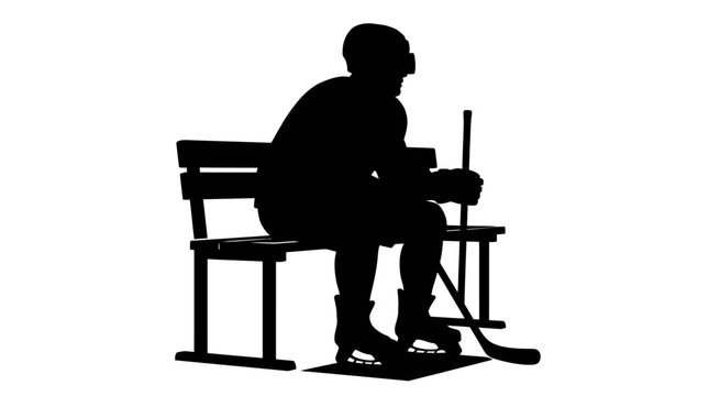 Ice hockey player silhouette sitting on bench, athlete with hockey stick and skates, professional sportsman resting during game break vector