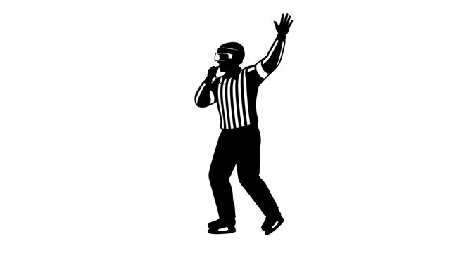 Ice hockey referee silhouette vector, sports official in striped uniform blowing whistle, professional linesman making hand signal on skates