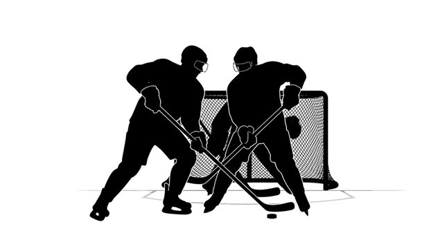 Ice hockey players silhouette vector, professional athletes competing in front of a goal net, black and white sports action illustration