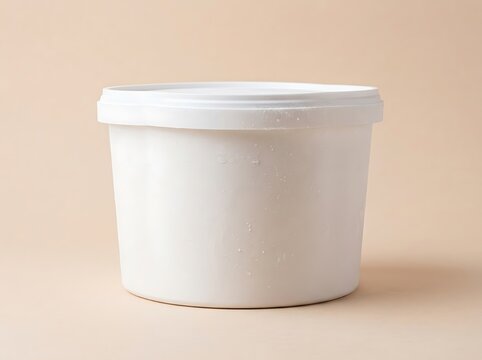 A round white plastic food container with a lid for storing yogurt or ice cream on a beige surface. gallon ice cream