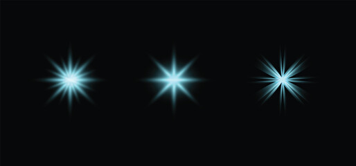 Fototapeta premium Flash Effect cyan blue glowing lens flare light collection over dark black background vector graphic design