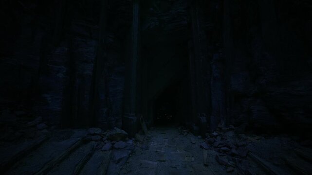 Shadowed cavern mouth leading to void, narrow trail strewn with rubble and boulders, faint distant pinprick of light hints at passage beyond, tense atmosphere