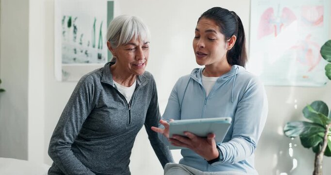 Physiotherapy, old woman or chiropractor with tablet, treatment plan or feedback in health center. Rehabilitation, senior person or practitioner with tech, digital notes or advice on patient recovery