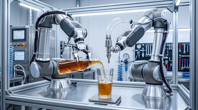 Industrial robotic arm pouring liquid from glass bottle into cup on precision scale within modern automated laboratory environment featuring high tech equipment.