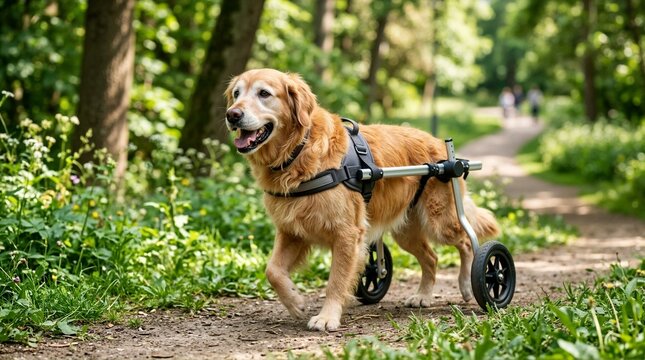 Senior Golden Retriever dog walking in a park using a wheelchair. Happy disabled pet with a mobility cart enjoying an outdoor stroll
