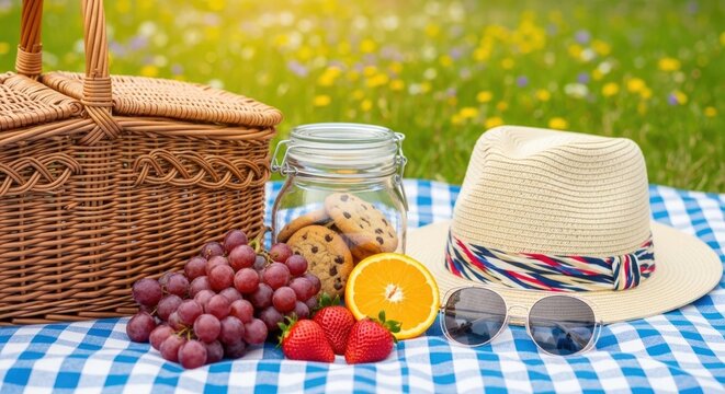 picnic setup with basket, food, hat and sunglasses on blanket