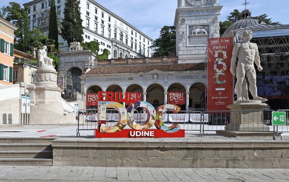Udine, Italy. September 13, 2025. Friuli Doc logo in a cental square of the city. Friuli Doc is an annual touristic event for food, wine and cultural heritage of the autonomius region.