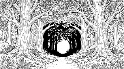 Fototapeta premium Enchanted Forest Path Through Tree Tunnel Coloring Page for Adults