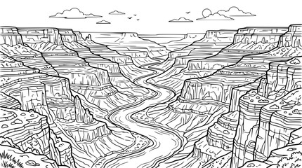 Fototapeta premium Grand Canyon Landscape with Winding River Coloring Page