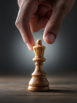 A close-up of a hand strategically placing a wooden chess piece on a dark wooden surface symbolizing strategic thinking and competition in chess. Generative AI