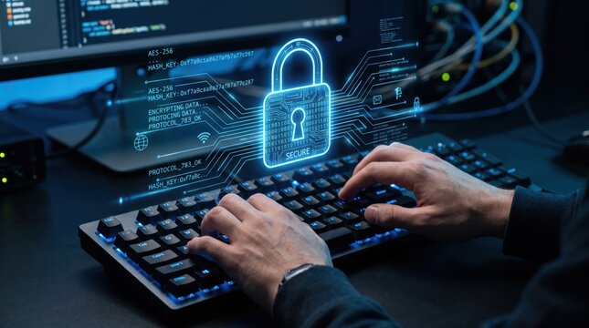 Cybersecurity, hacker typing code on keyboard with digital lock hologram, data encryption, network security protection, IT technology, secure system access, privacy defense.