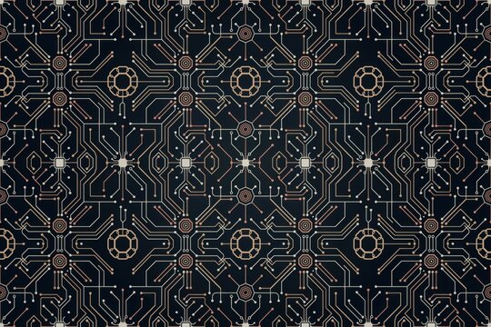Geometric seamless pattern of interconnected circuit board pathways with circular hubs and rectangular nodes on a dark navy blue background texture