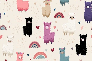 Obraz premium Charming and Colorful Cartoon Llamas Surrounded by Rainbows and Hearts Creating a Whimsical Pattern Perfect for Fun Designs and Decor. Generative AI