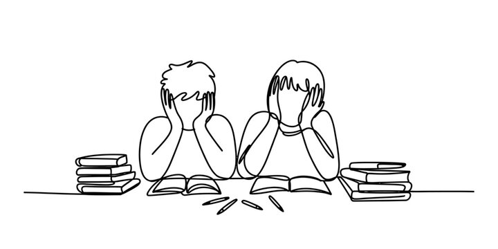 Two stressed students sitting at a desk with many books and studying hard for school exam in a continuous single line drawing style illustration