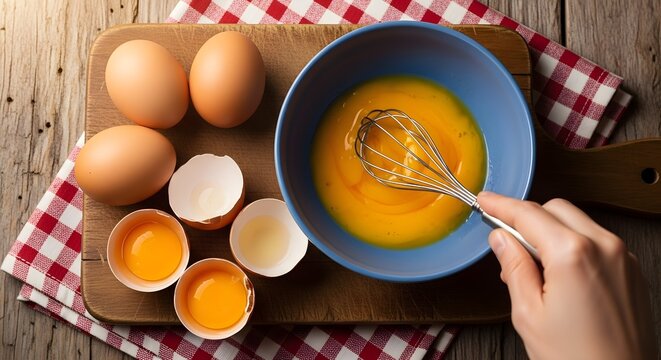 Top view of a person whisking eggs in a blue bowl on a wooden cutting board with a red and white checkered cloth