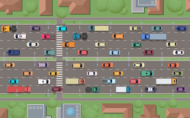 Naklejka premium Top view busy multi lane city traffic with cars, trucks, pedestrian crossings, and surrounding buildings. Vector illustration