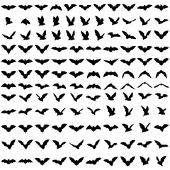 Fototapeta premium Bat Silhouette Collection Vector Set. Black Flying Night Creatures. Halloween Graphic Resources. Zoo Wild Animals. isolated on White Background Back to school