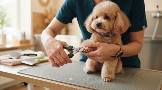 Apricot poodle getting its nails trimmed by a professional groomer. Close-up of hands using clippers on a small dog paw in a salon