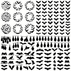 Fototapeta premium Halloween bats silhouettes template. Collection of bat icons. Black flying bats set. Halloween design element. Circle wreath pattern. Vector illustration isolated on White Background Back to
