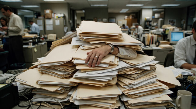 Overwhelmed office worker buried under massive pile of manila folders and paperwork, representing high stress, workload, and administrative burden in busy corporate environment.