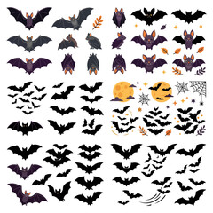 Fototapeta premium A comprehensive collection of bat illustrations includes various styles, from detailed cartoon bats to flat black silhouettes, alongside elements like a full moon and spiderwebs.