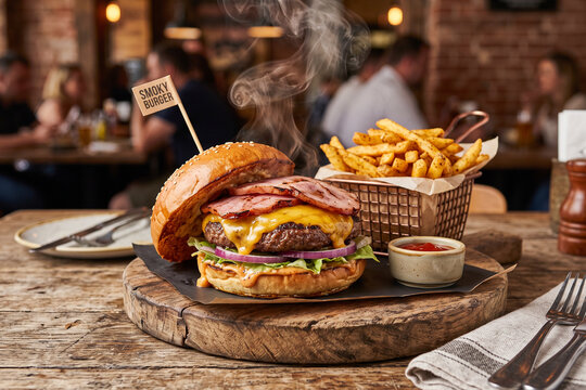 smoky hot hamburger and fries, served in restaurant