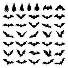 Fototapeta premium Numerous bat silhouettes, including both flying and hanging poses, are organized into a clear grid on a bright white background.