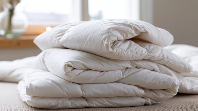 The White Comforter Stack Resting Quietly on a Sunlit Bed