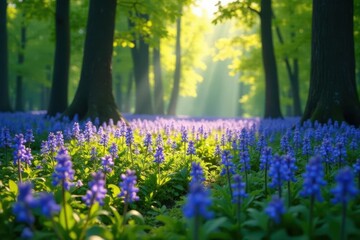 Obraz premium Deep bluebell wood, dappled sunlight on wildflowers , bluebells, flowers