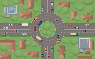 Naklejka premium Top view city roundabout with traffic flow and surrounding buildings. Vector illustration