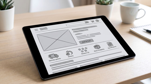 Tablet showing rough wireframe design for e-commerce website layout placed on modern wooden desk in bright office environment, illustrating digital product planning.