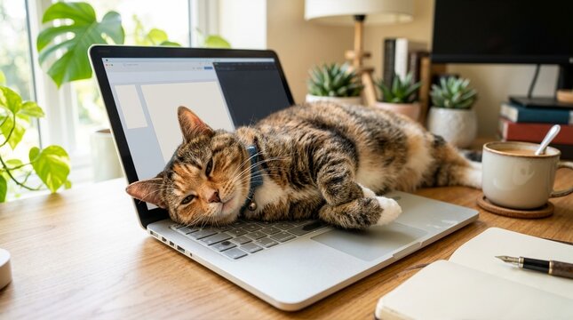 Tabby cat sleeping on a laptop keyboard. Cute pet resting on computer at a wooden desk. Remote work distraction concept