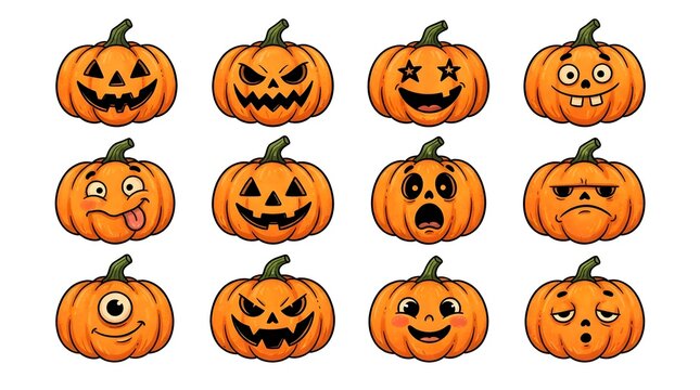 A collection of twelve hand drawn watercolor pumpkins with various funny and scary facial expressions perfect for festive autumn halloween decorations and seasonal holiday graphic designs