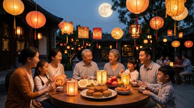 Chinese family celebrating mid autumn festival, sitting around courtyard table under glowing paper lanterns, eating traditional sweet mooncake, sharing fresh fruit with tea during reunion night.