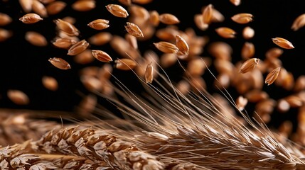 Obraz premium The Wheat Kernels in Motion: Dynamic Closeup of Falling Grains