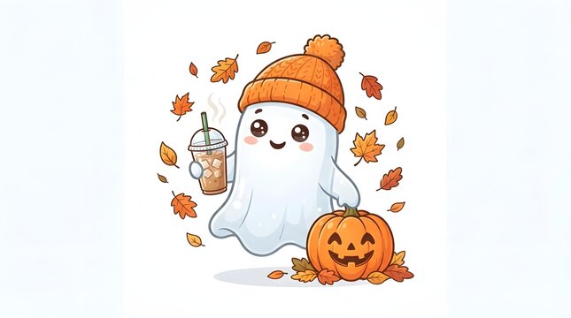 A cute little ghost wearing an orange beanie hat holding a warm drink with a carved pumpkin and autumn leaves for a fun halloween design