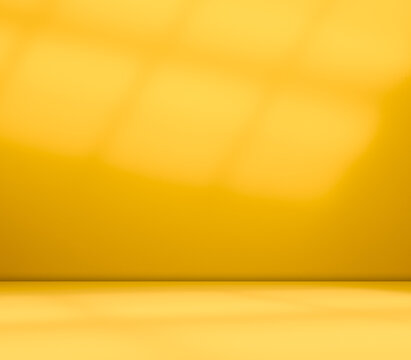 Yellow background wall gradient orange color studio room solid podium with shadow leaf on floor, backdrop summer tropical autumn season, stage template platform for presentation product promotion