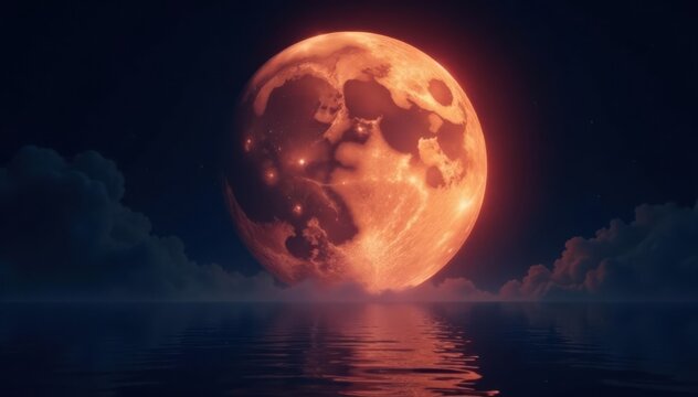 Giant full moon dominates black void, ethereal glow, lunar phase, full moon photography