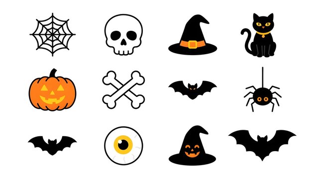 A collection of cute halloween icons featuring pumpkins skulls bats spiders witch hats and black cats isolated on a white background for festive holiday designs