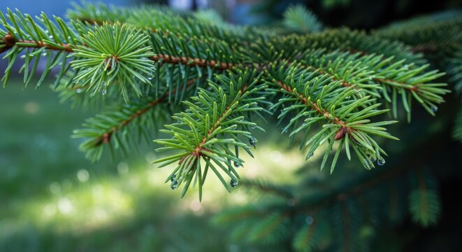 Close-up of green pine tree branch with fresh needles in natural sunlight, shallow depth of field, capturing forest detail, freshness, and calm outdoor atmosphere