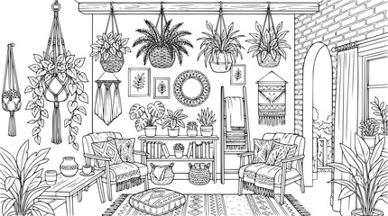 Fototapeta premium Cozy Bohemian Living Room Coloring Page for Adults with Indoor Plants and Decor