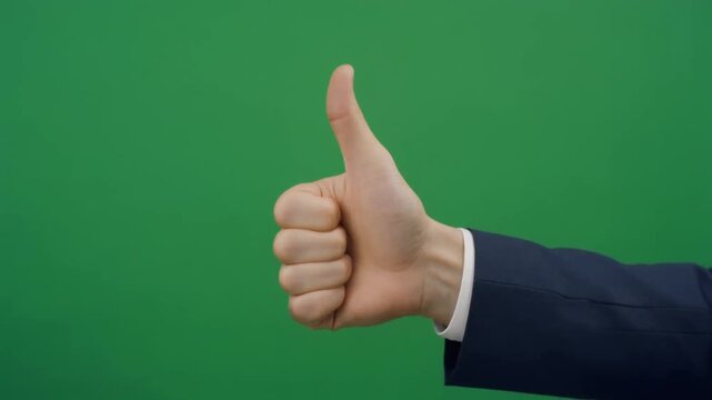 Professional corporate hand executing a thumbs-up gesture against a green screen for business performance reports, KPI presentations, and positive feedback motion graphics overlays.