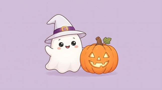 Cute cartoon ghost wearing a purple witch hat standing next to a smiling orange jack o lantern pumpkin for a fun and festive halloween celebration
