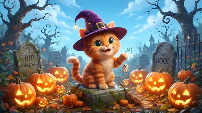 A cute ginger kitten wearing a purple witch hat sitting in a spooky graveyard surrounded by glowing jack o lanterns for a fun halloween celebration